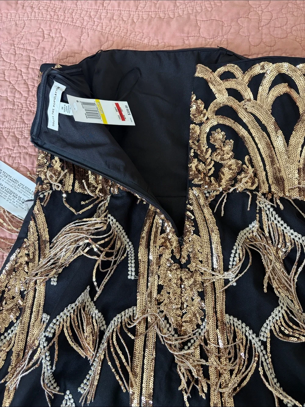 Dress the Population Strapless Black and Gold Beaded Fringe Cocktail Dress(NWT)